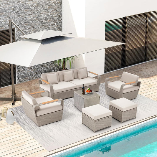 6 Pieces Patio Furniture Set, Outdoor Sectional Conversation Rattan Sofa Set with Ottoman and Outdoor Side Coffee Table for Garden, Porch, Backyard (Light Gray)