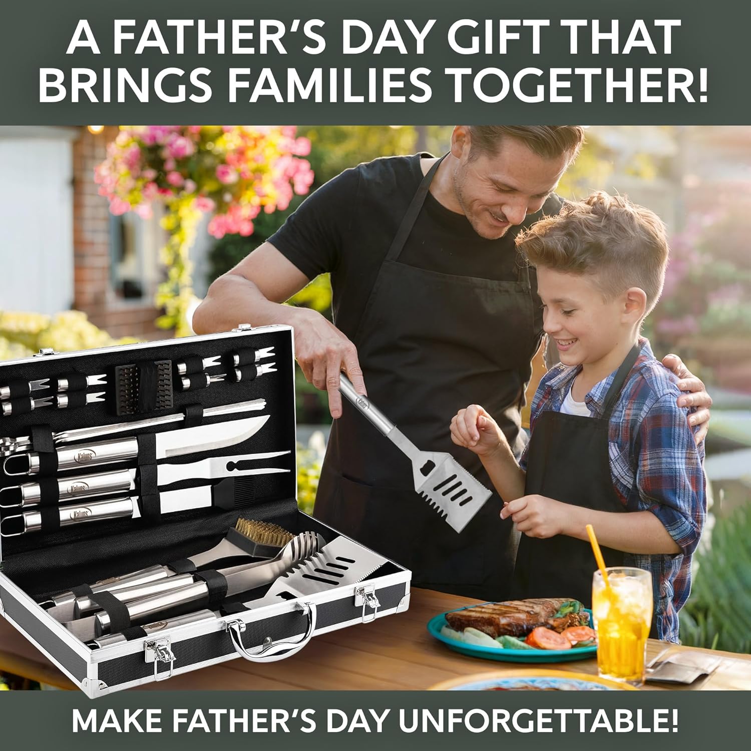 Grilling Accessories, Dad Gifts for Fathers Day Grilling Gifts, Heavy Duty Stainless Steel BBQ Grill Tools Set for Outdoor Grill with Aluminum Case and Apron, Dad Birthday Gifts for Men Husband