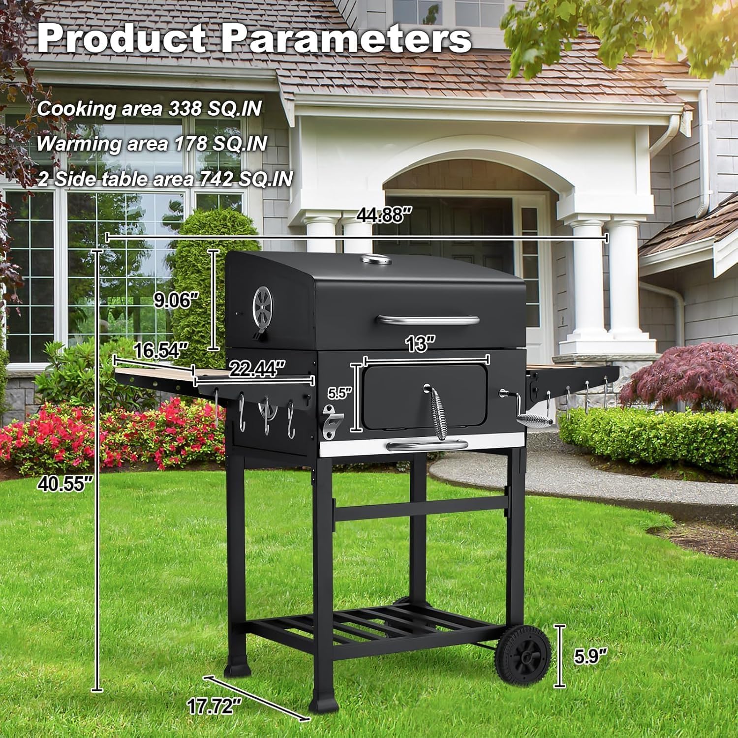 Charcoal Grill with Wood Foldable Side Table