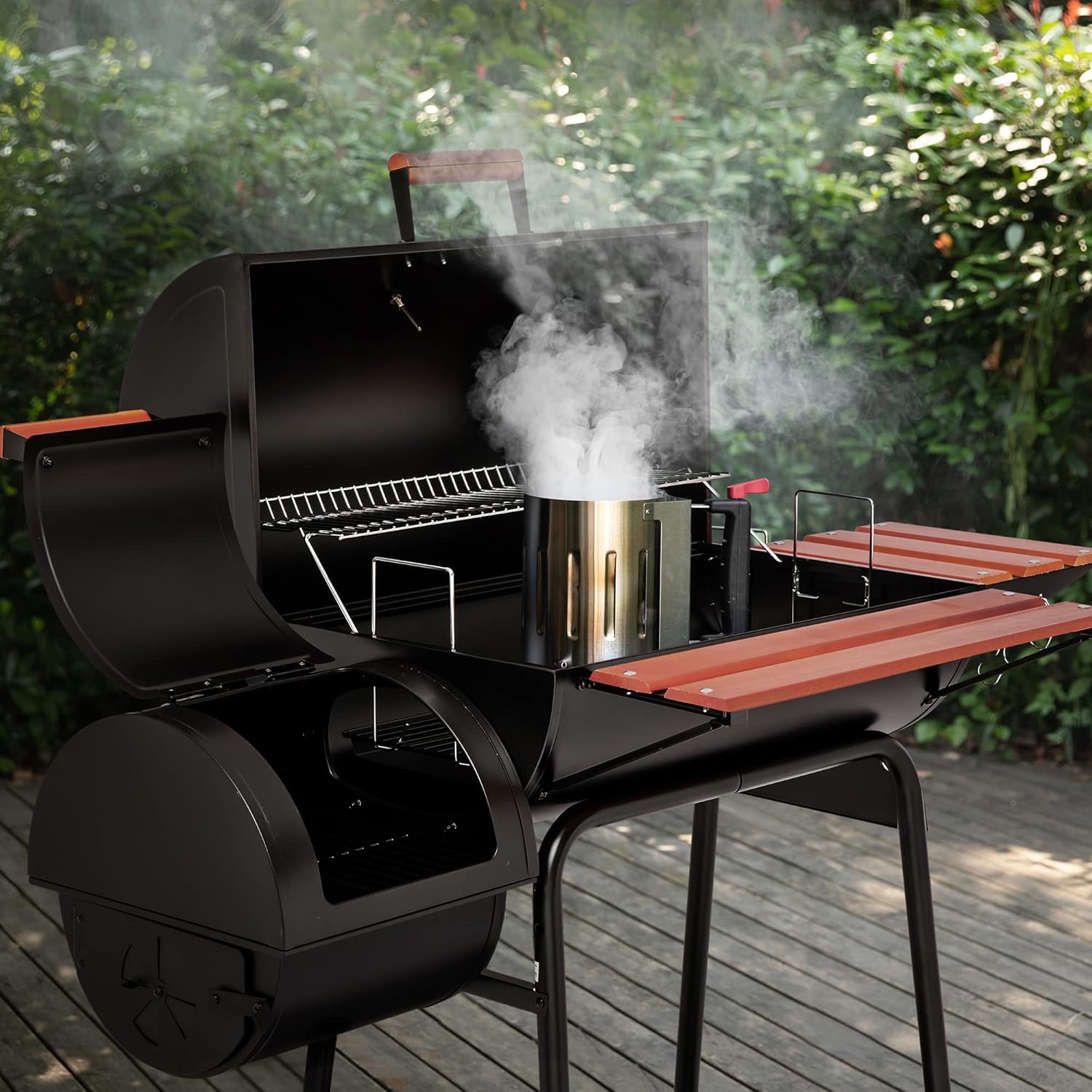  30-Inch Charcoal Grill with Offset Smoker and Wood-Painted Side Table, Outdoor 