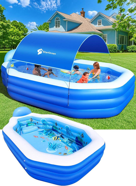 Inflatable Pool with Canopy, Large Inflatable Swimming Pool for Kids,Adult, Blowup Pools with Seats,Backrest.Durable Thickened 126"X75"X25"Inflatable Family Pools for Backyard,Blue