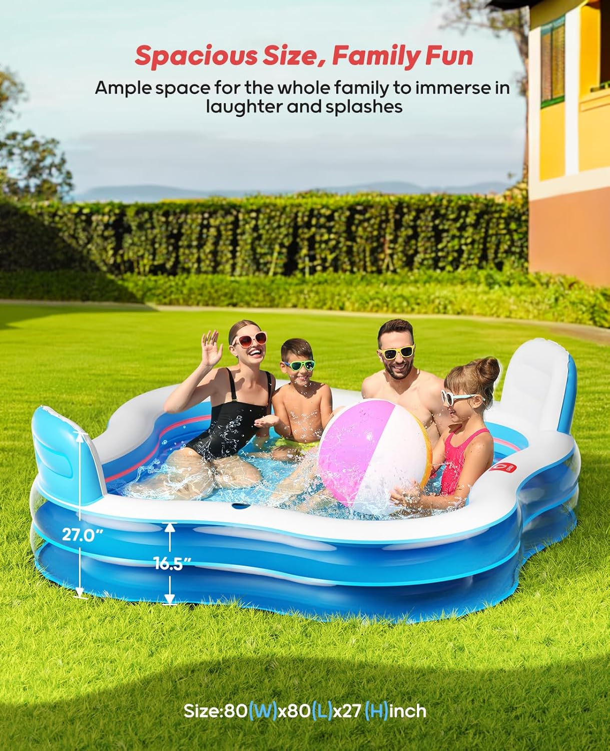 Large Inflatable Swimming Pool with Two Seats and Backrests, 80" L x 80" W x 27" D