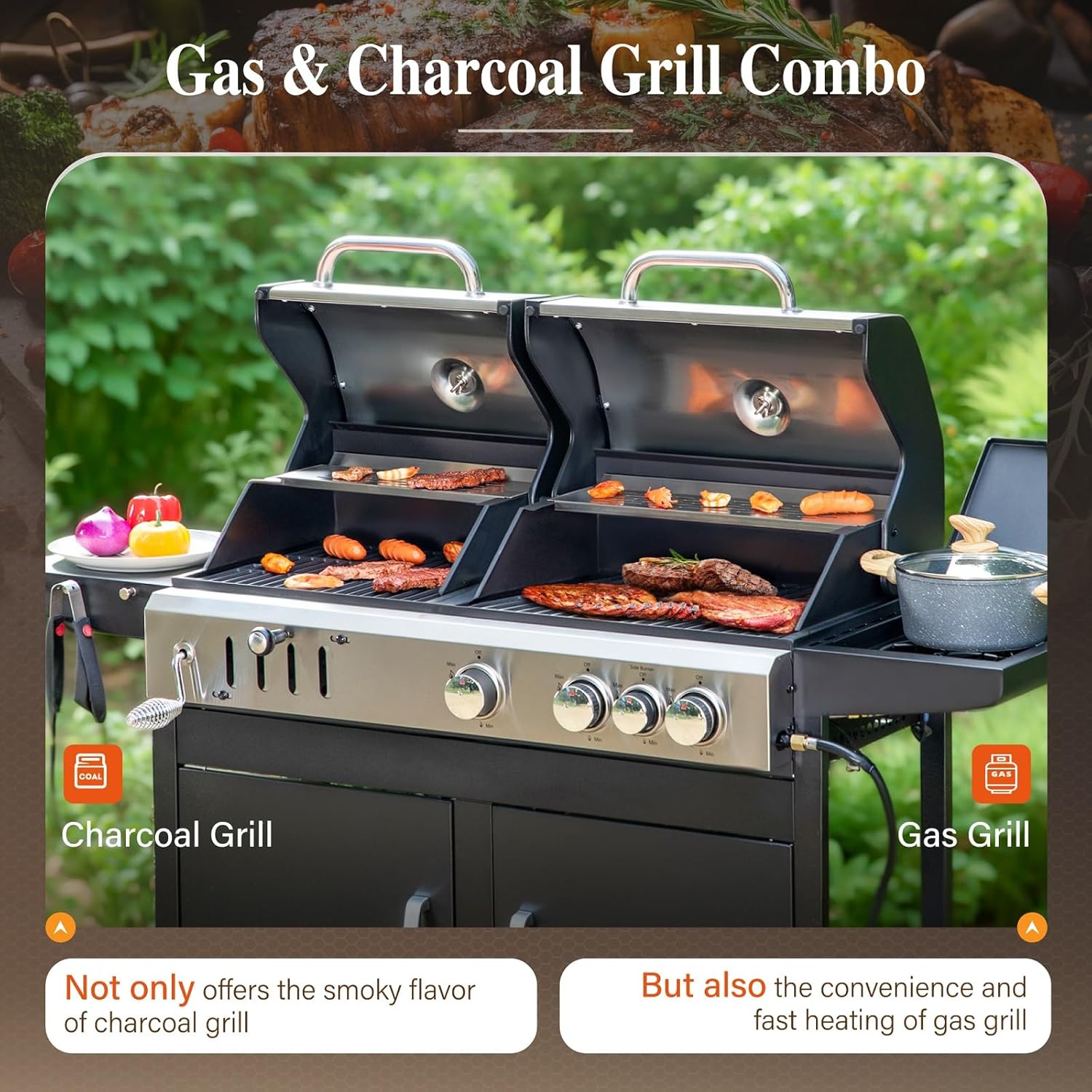 Charcoal and Propane Gas Grill Combo with Side Burner & Porcelain-Enameled Cast Iron Grate,