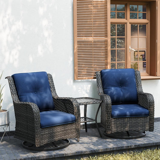 Outdoor Swivel Rocker Patio Chairs Set of 2 and Matching Side Table - 3 Piece Wicker Patio Bistro Set with Premium & Soft Fabric Cushions(Mixed Grey/Blue)