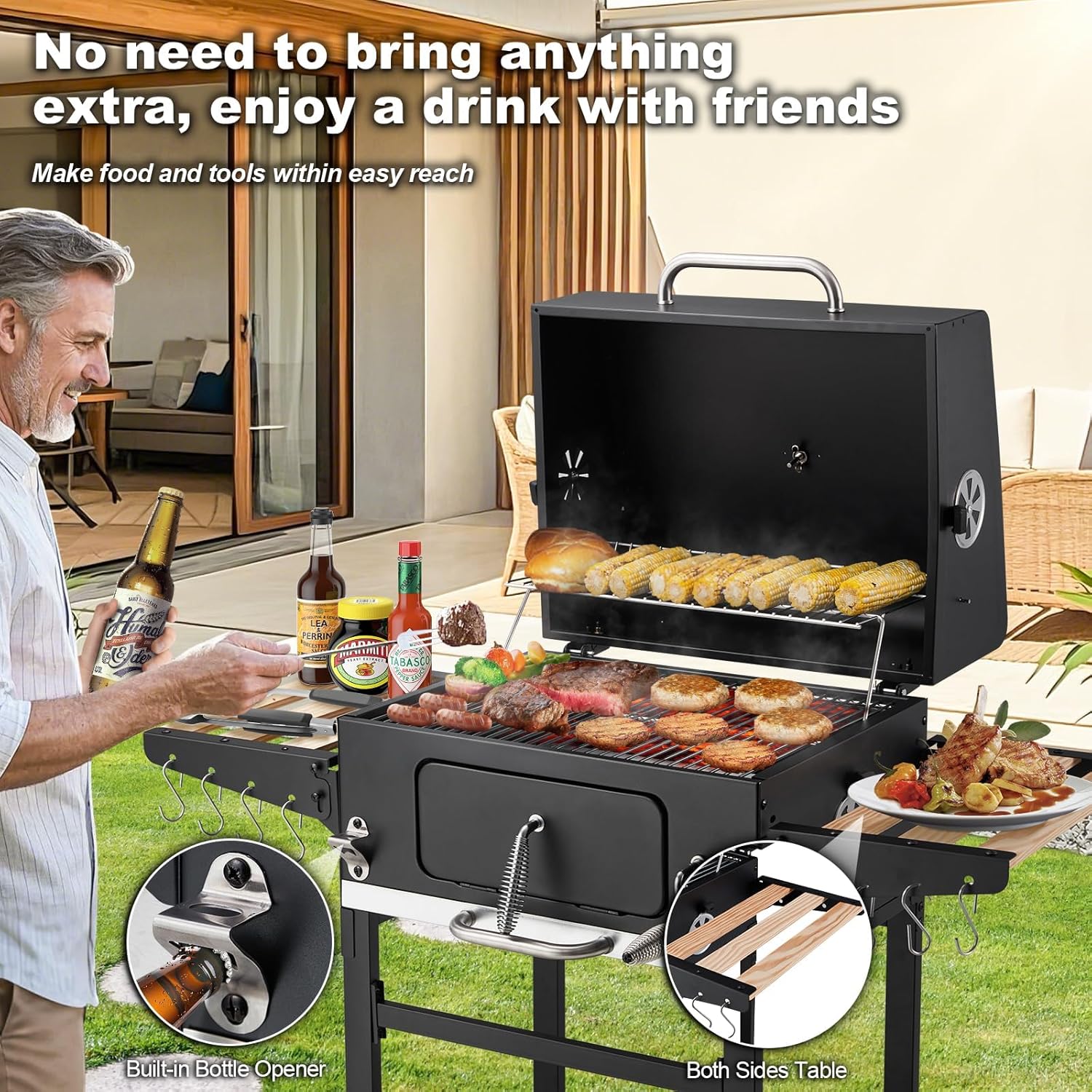Charcoal Grill with Wood Foldable Side Table