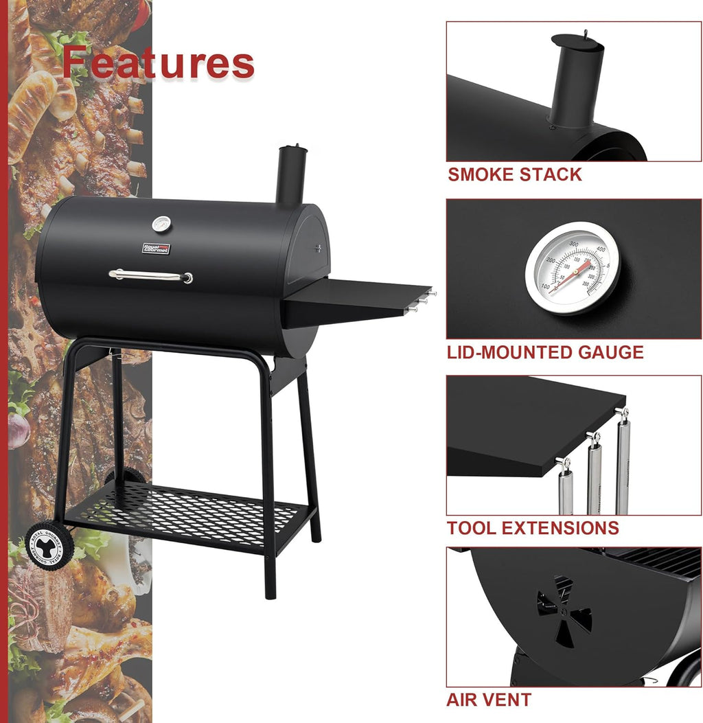 30 Inch Barrel Charcoal Grill with Side Table, Outdoor 