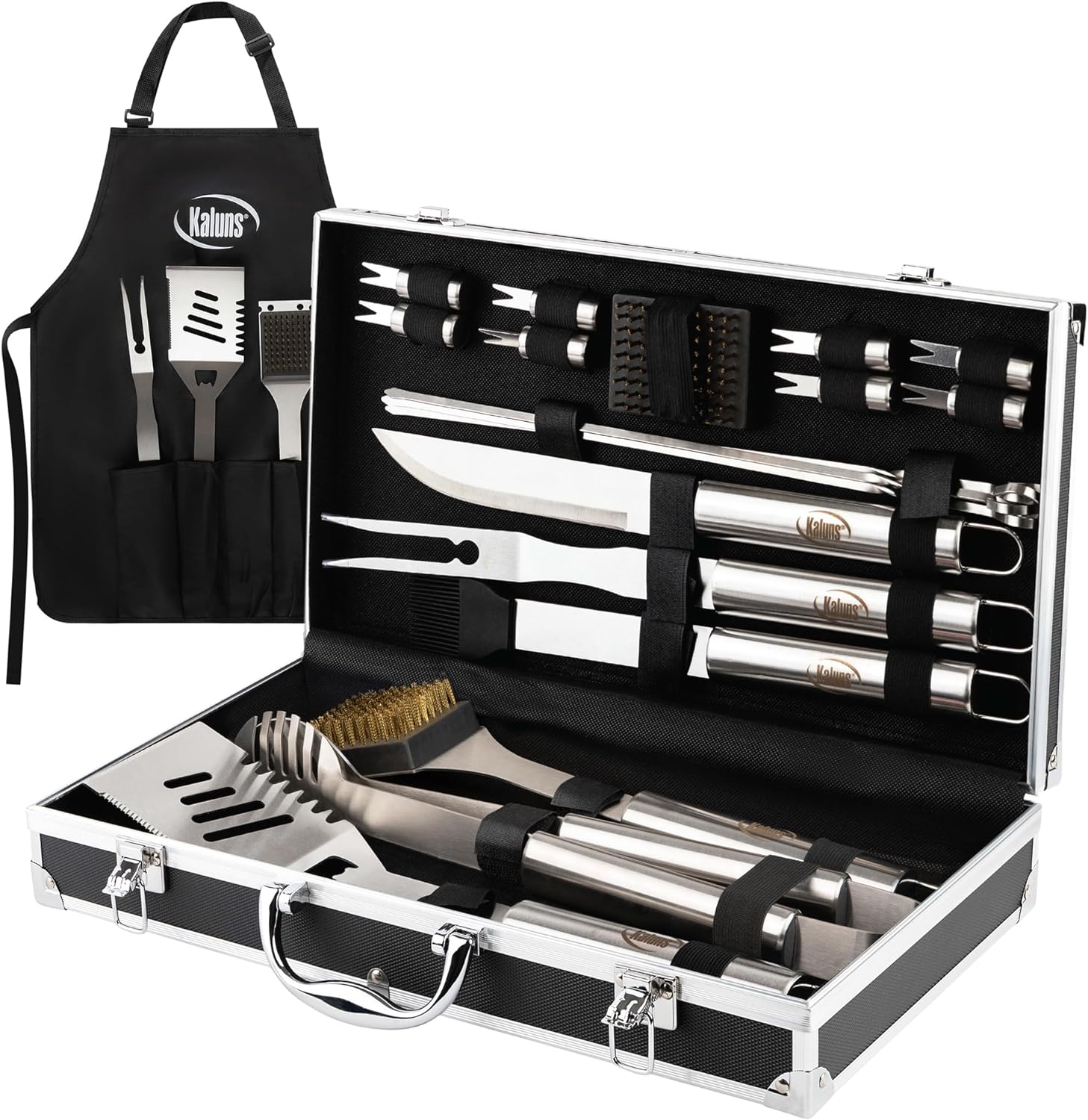 Grilling Accessories, Dad Gifts for Fathers Day Grilling Gifts, Heavy Duty Stainless Steel BBQ Grill Tools Set for Outdoor Grill with Aluminum Case and Apron, Dad Birthday Gifts for Men Husband