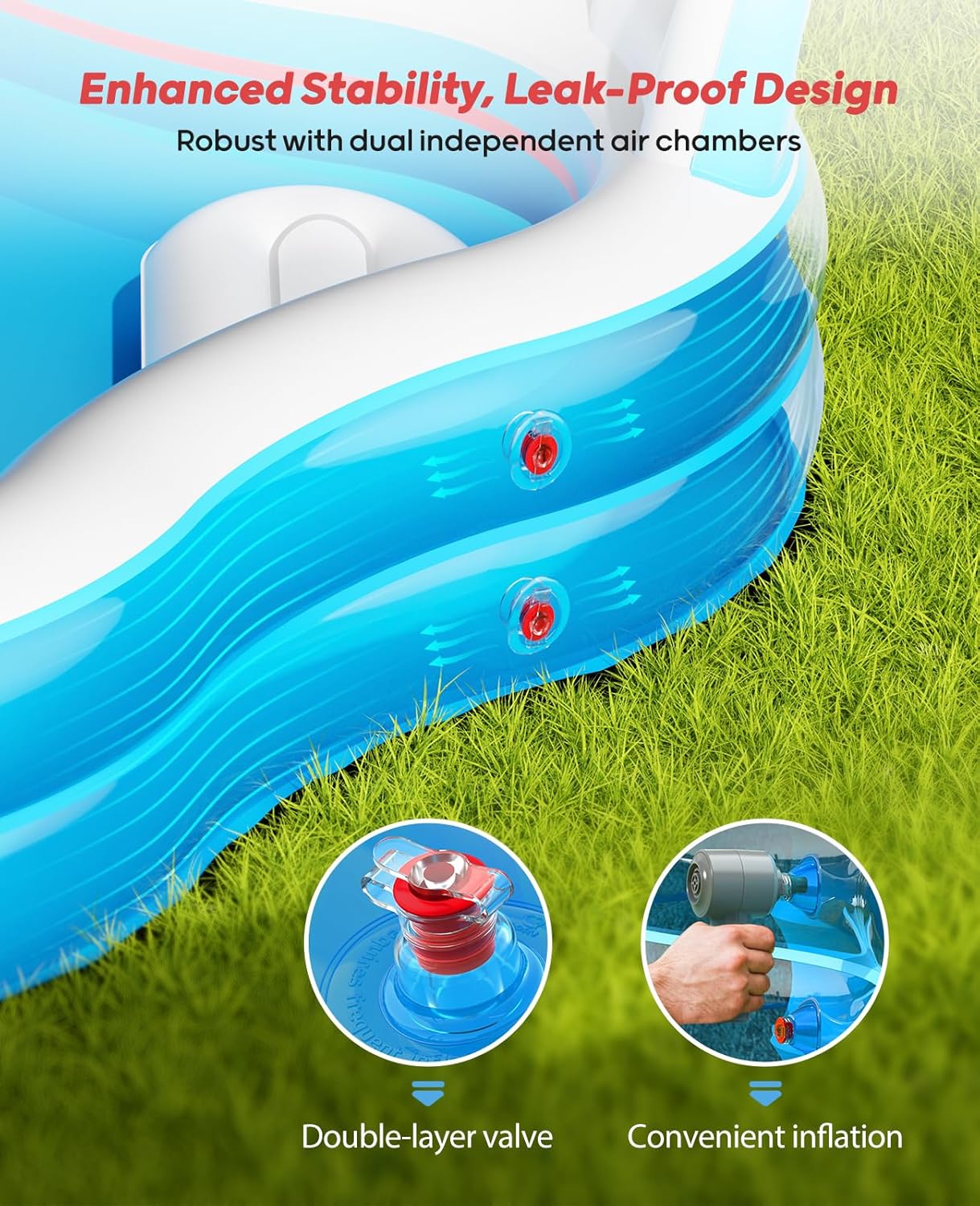 Large Inflatable Swimming Pool with Two Seats and Backrests, 80" L x 80" W x 27" D