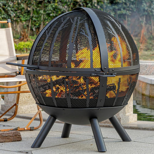 35 Inch Wood Burning Fire Pit with BBQ Grill, Heavy Duty Fire Pits Ball for outside with Spark Screen & Removable Ash Pan, Outdoor Firepit & Fireplace for Bonfire in Garden, Yard