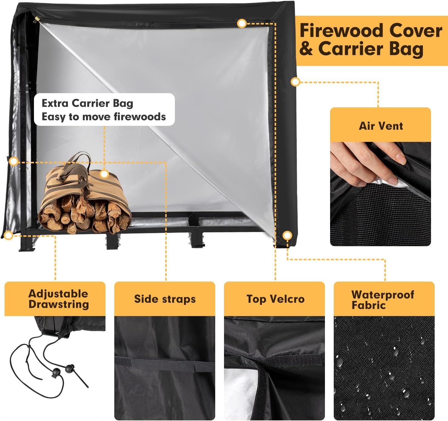 4FT Outdoor Firewood Rack with Cover&Carry Bag Heavy Duty Square Strong Stand Rack with Waterproof Cover for Fireplace Fire Pits Wood Pile Storage Holder Lumber Rack
