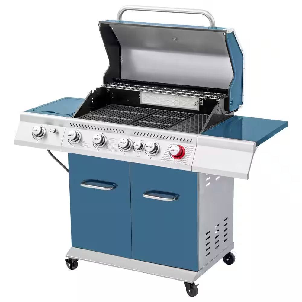 7 Burner Propane Gas Grill in Blue, Sear Burner, Rear Burner and Side Burner