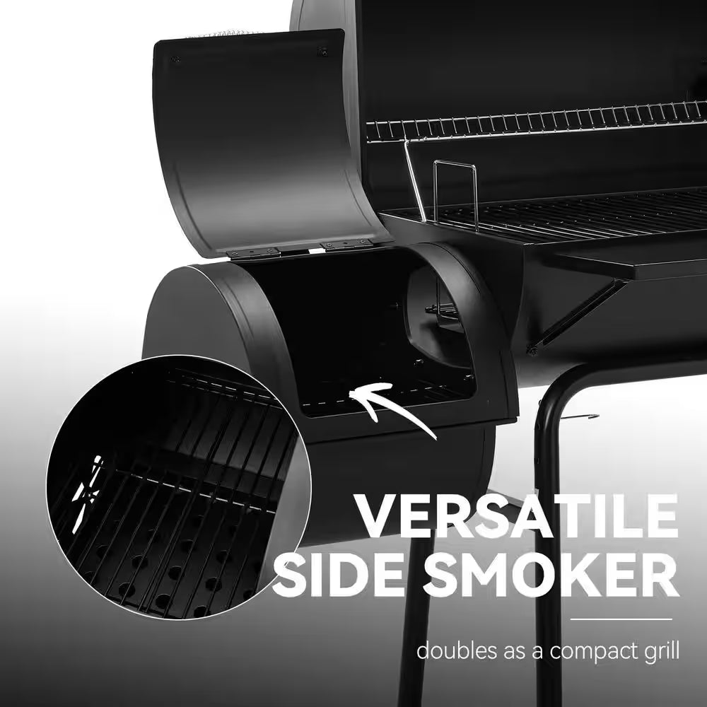 Charcoal Grill in Black with Offset Smoker and Side Table