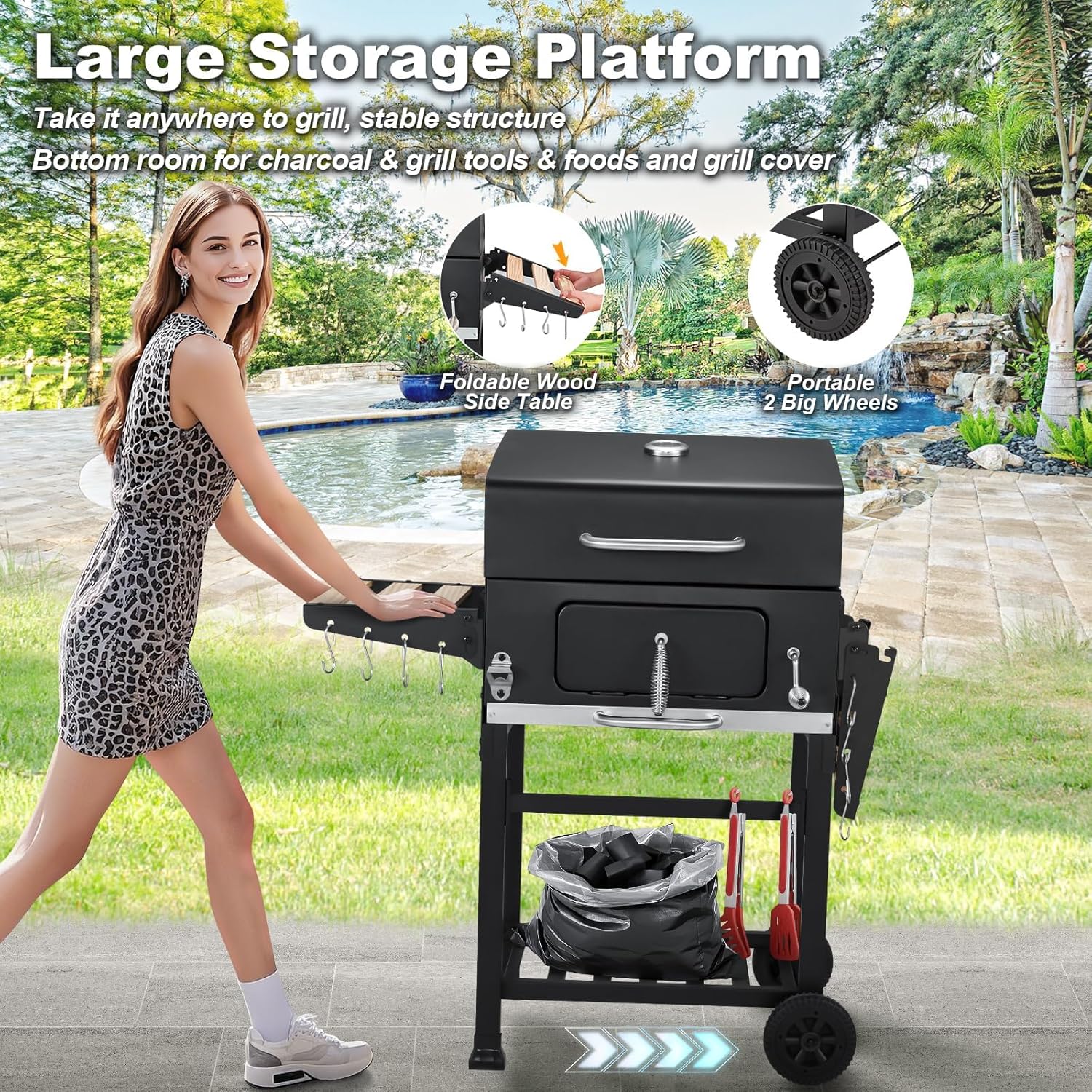 Charcoal Grill with Wood Foldable Side Table