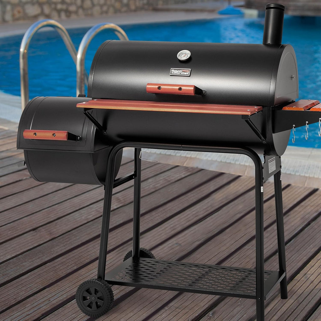  30-Inch Charcoal Grill with Offset Smoker and Wood-Painted Side Table, Outdoor 