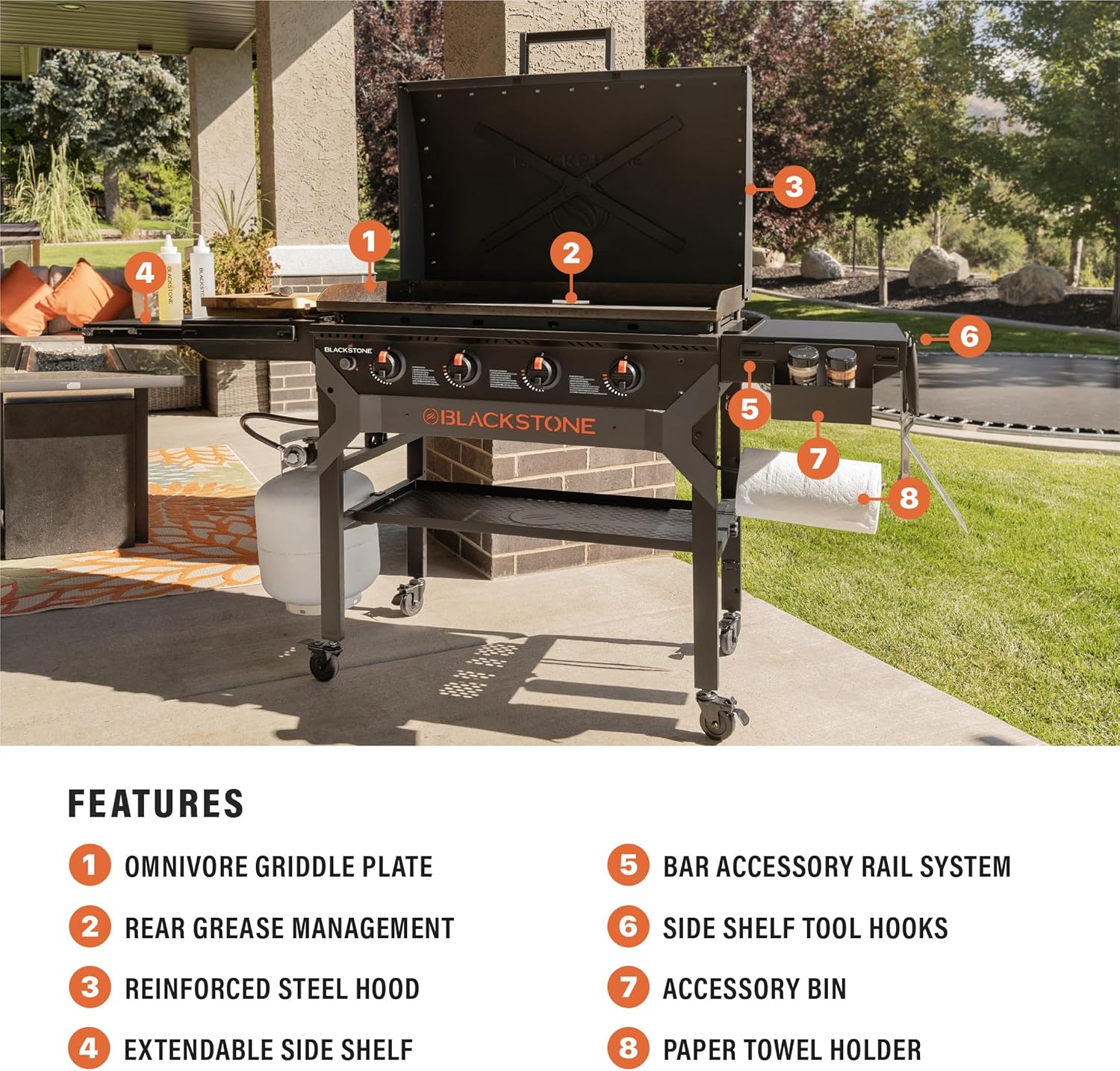 2310 Iron Forged 36” Omnivore Griddle with X-Braced Hood, Powder Coated Steel, Black