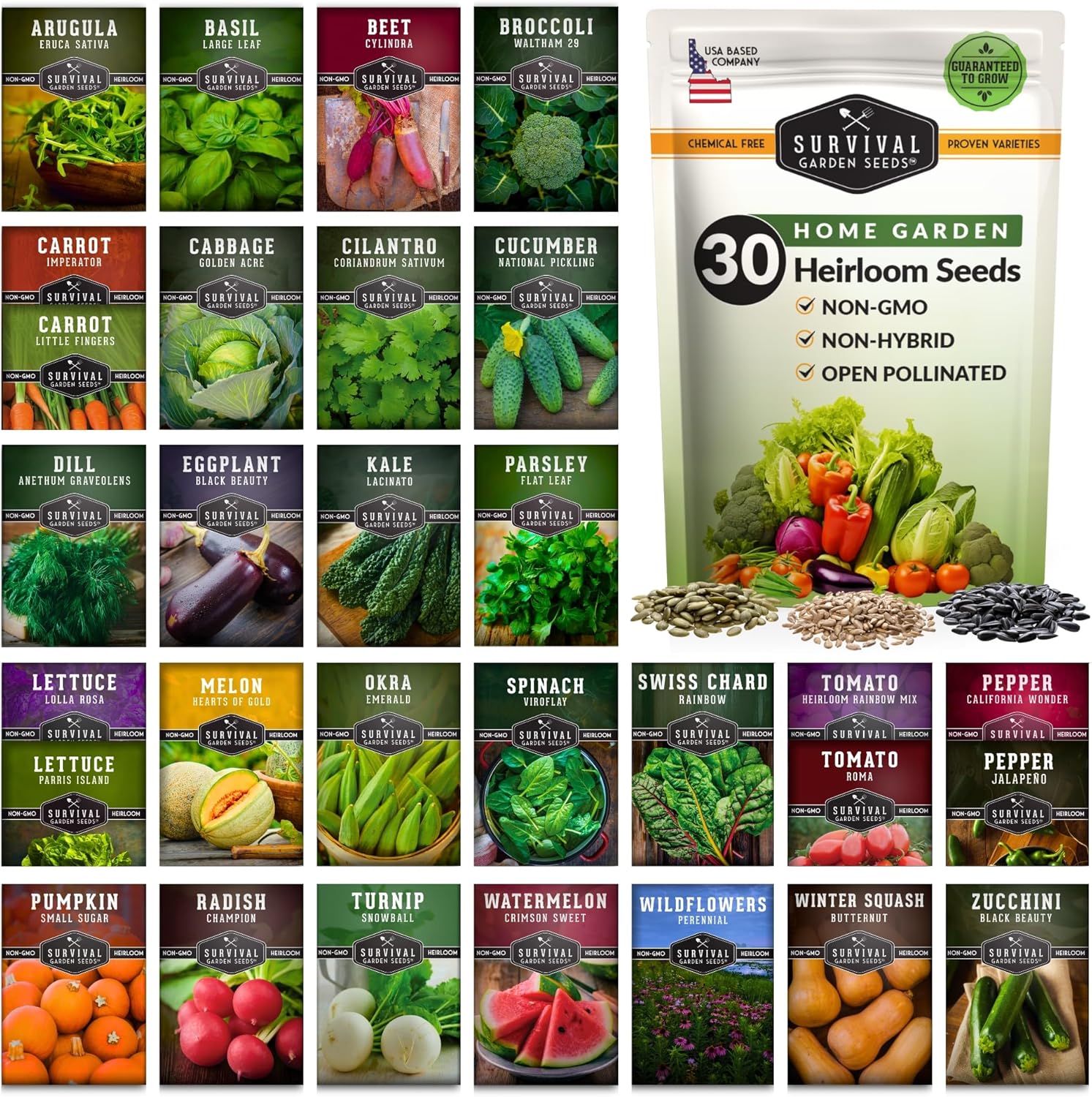 30 Pack Home Garden Vegetable Seed Collection - 18,500+ Non-Gmo Heirloom Seeds for Planting Vegetables & Fruits in Individual Packets - Hydroponic, Indoor, Outdoor Gardening