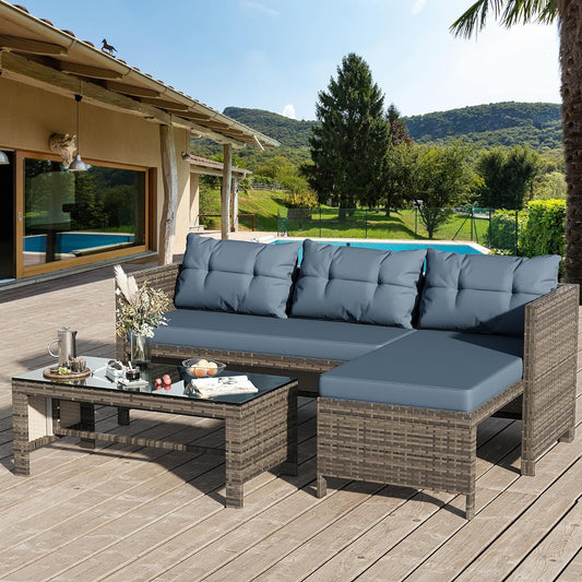 Outdoor Patio Furniture Sets, Wicker Patio Sectional Sets 3-Piece, All Weather Wicker Rattan Patio Seating Sofas with Glass Coffee Table and Cushion (Blue)