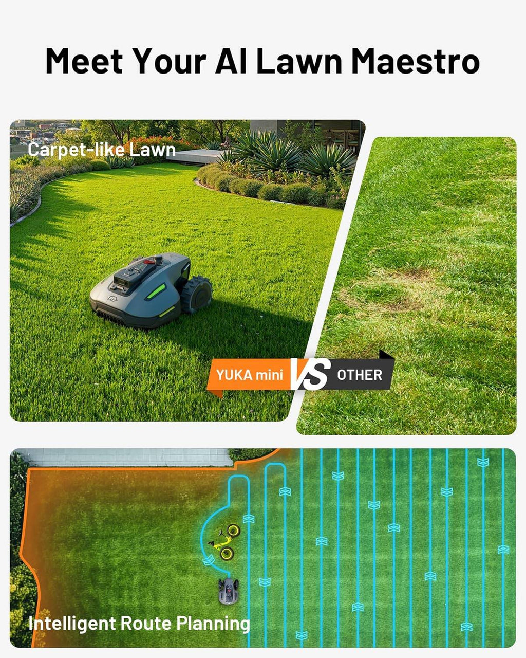 YUKA Mini 500H Robotic Lawn Mower Reception 0.12 Acre, Max. 0.17 Acre, Ultrasense AI Vision+ RTK Positioning, Auto Mapping, App Control, 50% Slope, Cutting Height 2''~3.5'', 15 Mowing Zones