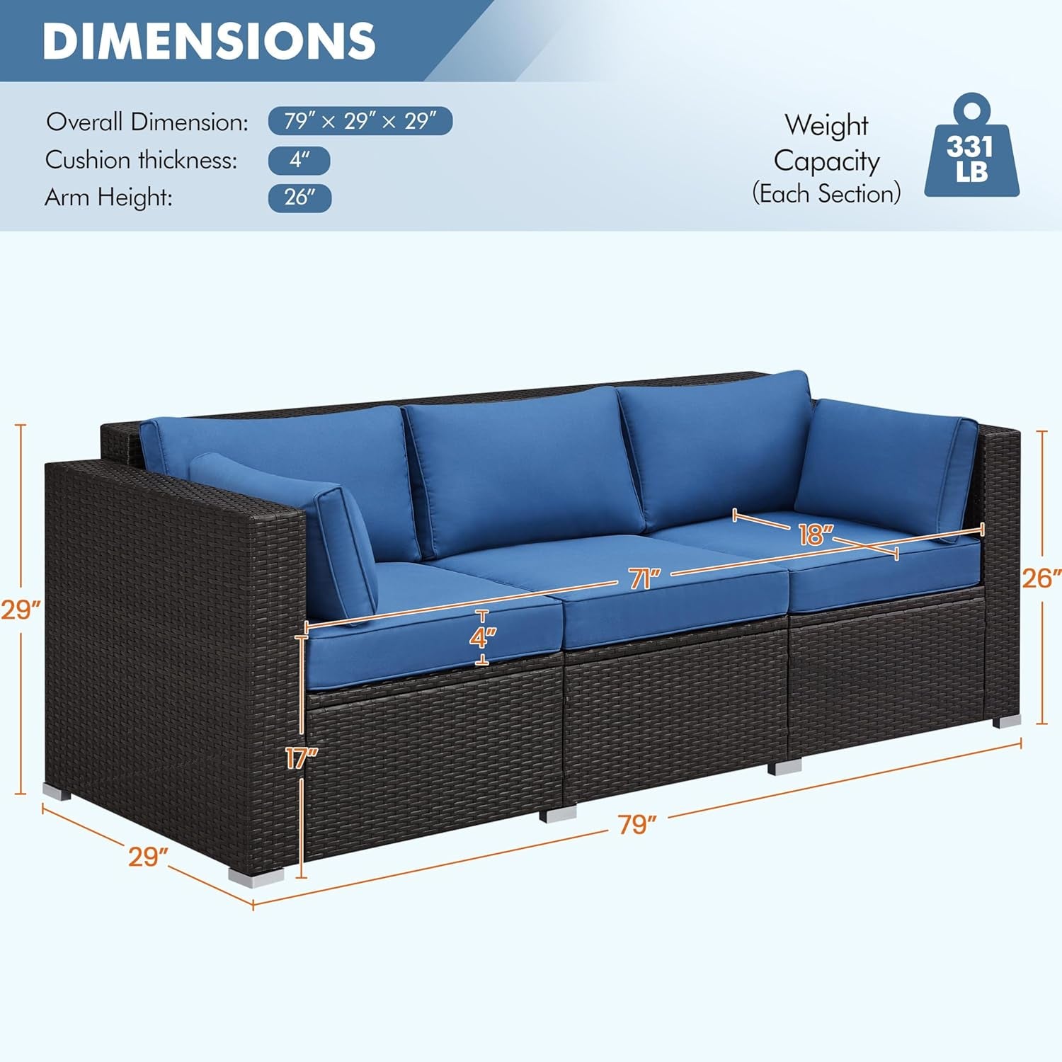 3-Seat Patio Wicker Sofa, Outdoor Rattan Couch with Furniture Cover, Deep Seat High Back with Cushions & Throw Pillows for Deck/Porch/Balcony/Yard, Brown/Dark Blue