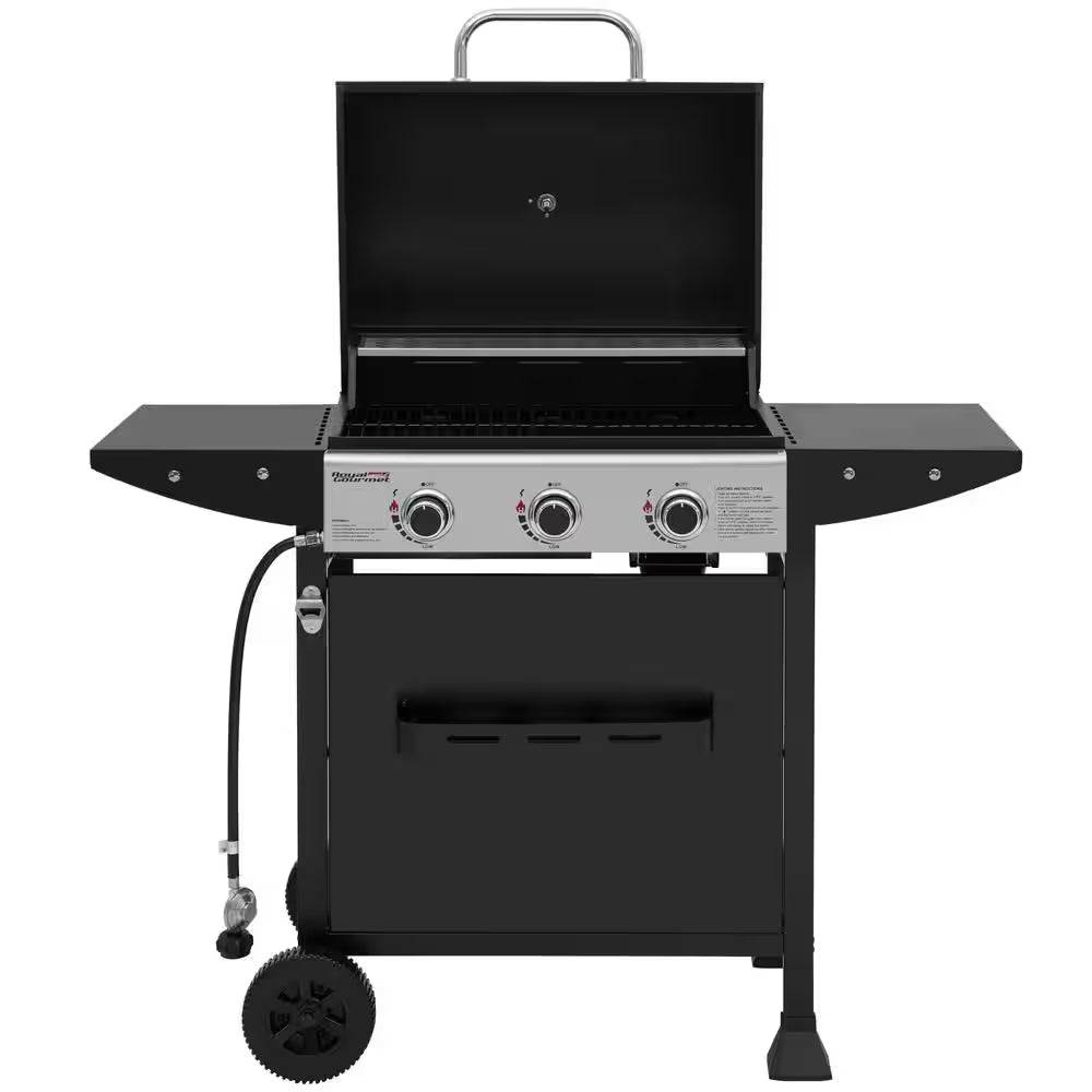 3-Burner BBQ Liquid Propane Gas Grill with Front Spice Rack, 2 Side Shelves and Hooks, Cart Style, Black, for Outdoor