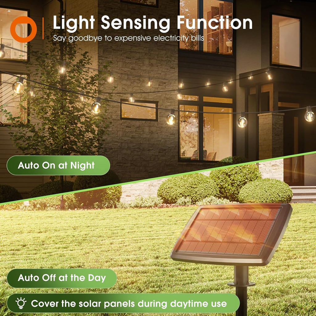 100FT Solar String Lights Outdoor with Remote, 54 LED Shatterproof Bulbs, Dimmable & Timable, 3 Light Modes, G40 Waterproof Solar String Lights for outside Backyard Party Decor