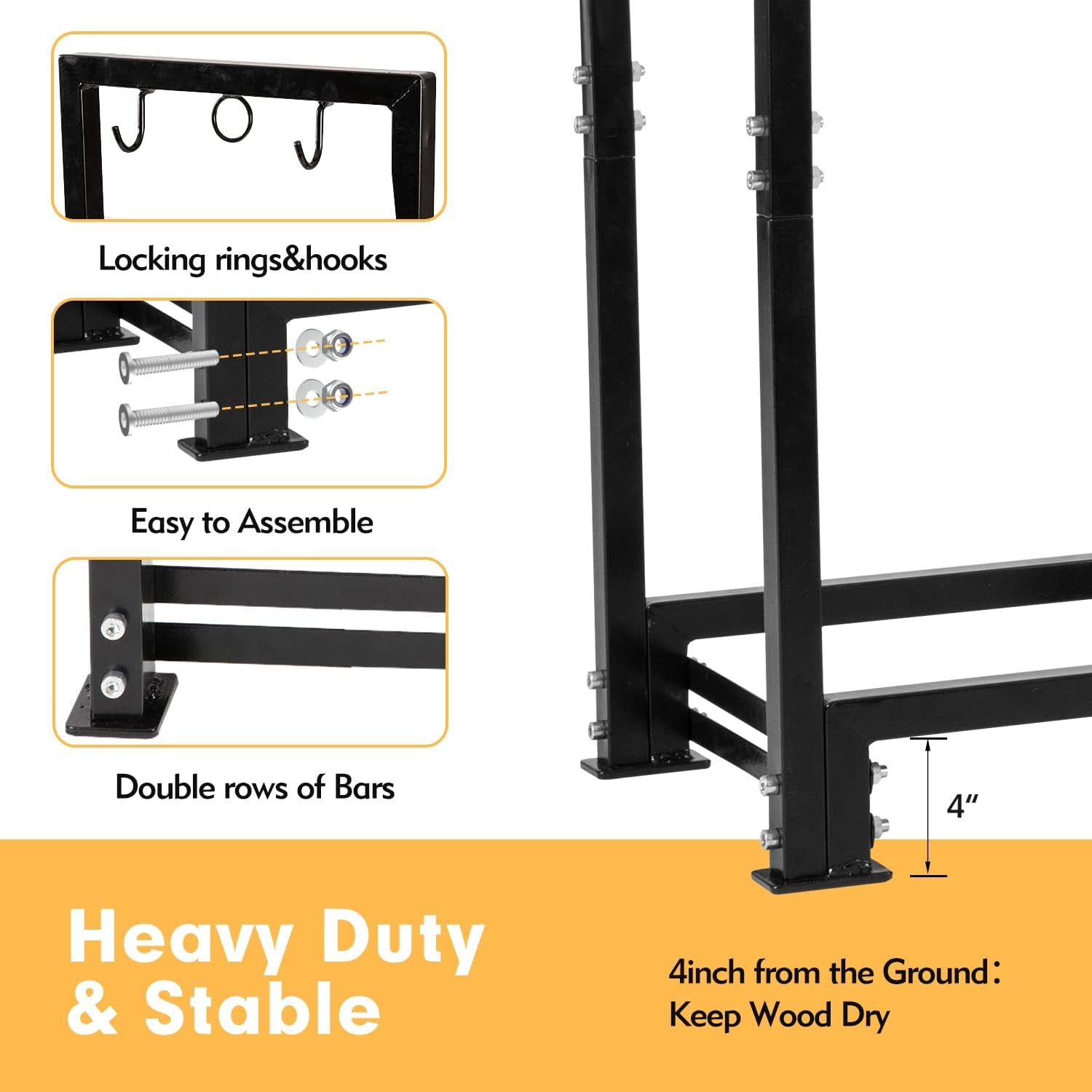 4FT Outdoor Firewood Rack with Cover&Carry Bag Heavy Duty Square Strong Stand Rack with Waterproof Cover for Fireplace Fire Pits Wood Pile Storage Holder Lumber Rack