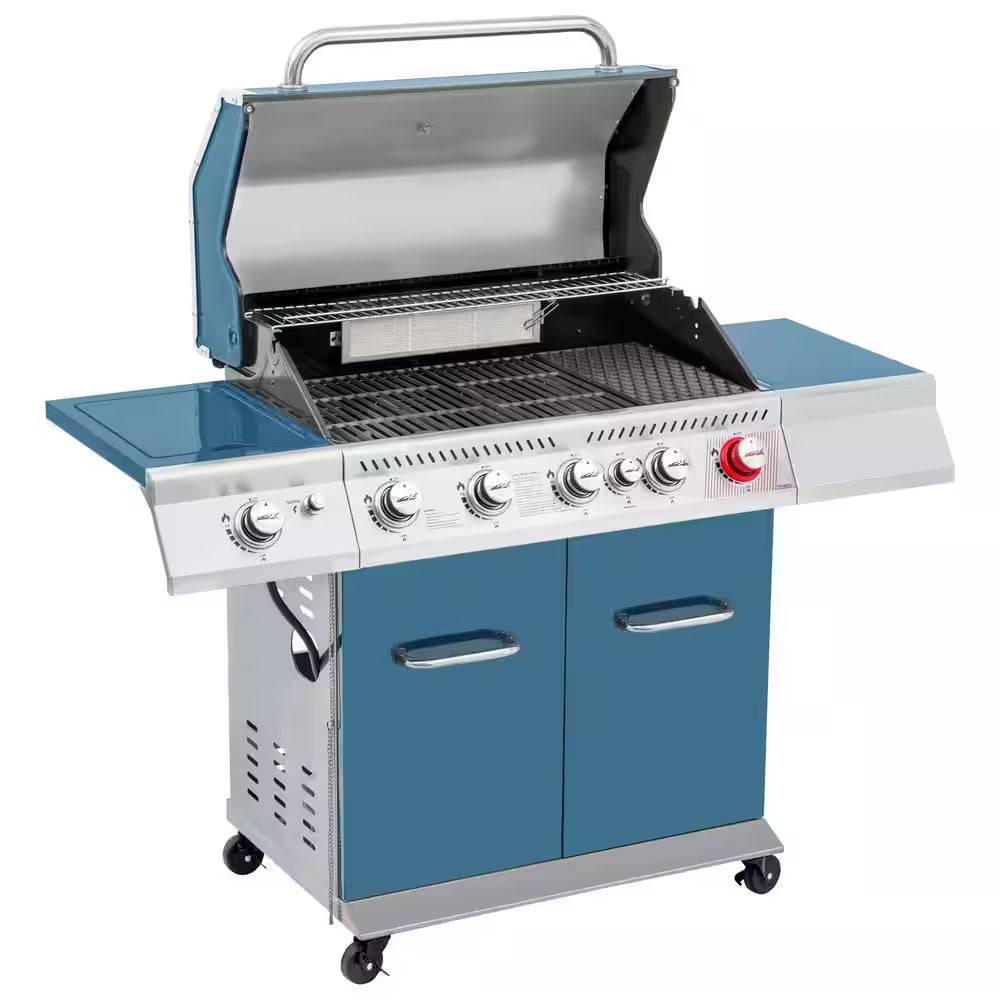 7 Burner Propane Gas Grill in Blue, Sear Burner, Rear Burner and Side Burner