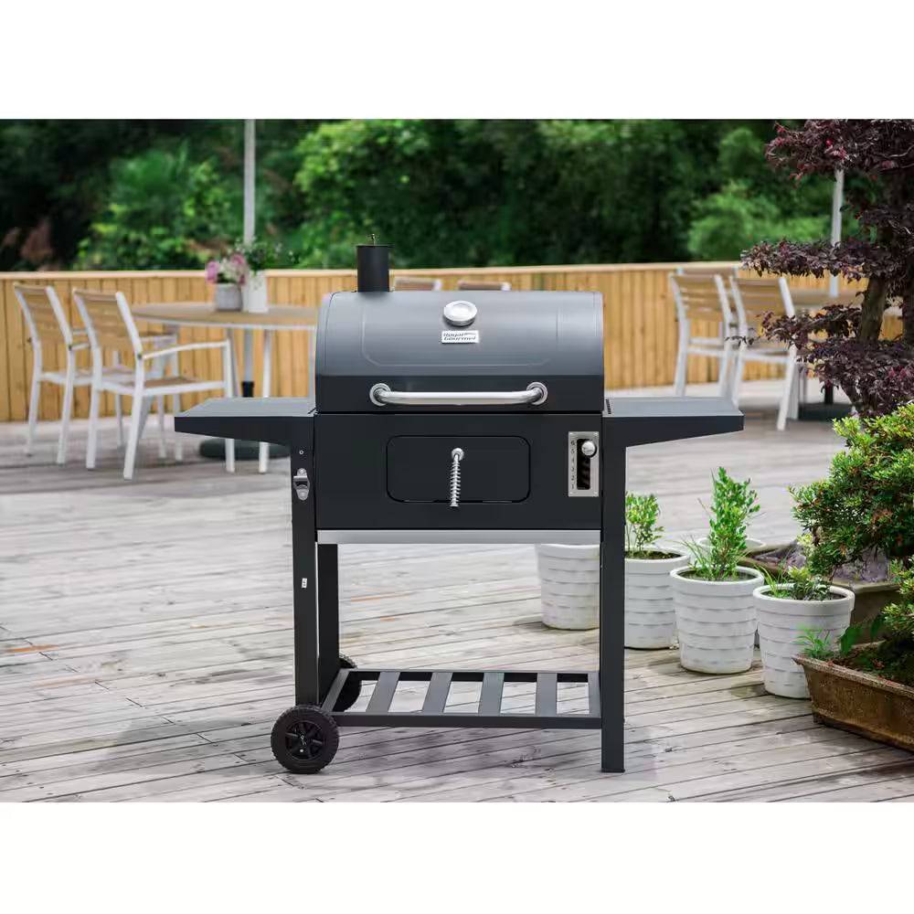 24 In. BBQ Charcoal Grill in Black with 2-Side Table with Cover