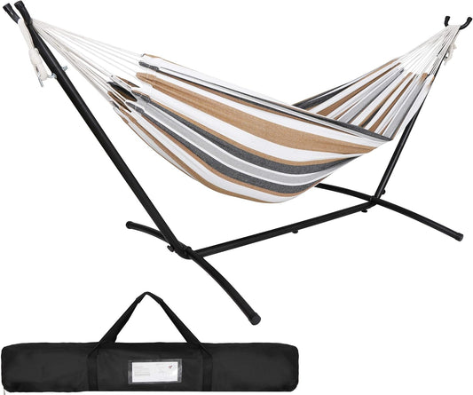 Portable 2 Person Hammock with 9FT Hammock Stand, 620 LBS Capacity Adjustable Hammock Bed with Space Saving Carrying Case Included for Camping Garden Backyard Patio Indoor Outdoor