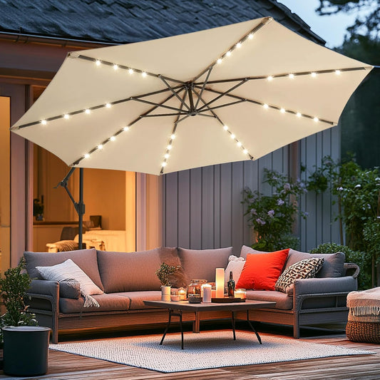 10Ft Solar LED Offset Hanging Market Cantilever Patio Umbrella for Backyard, Poolside, Lawn and Garden, Easy Tilt Adjustment, Polyester Shade & Cross Base, Beige