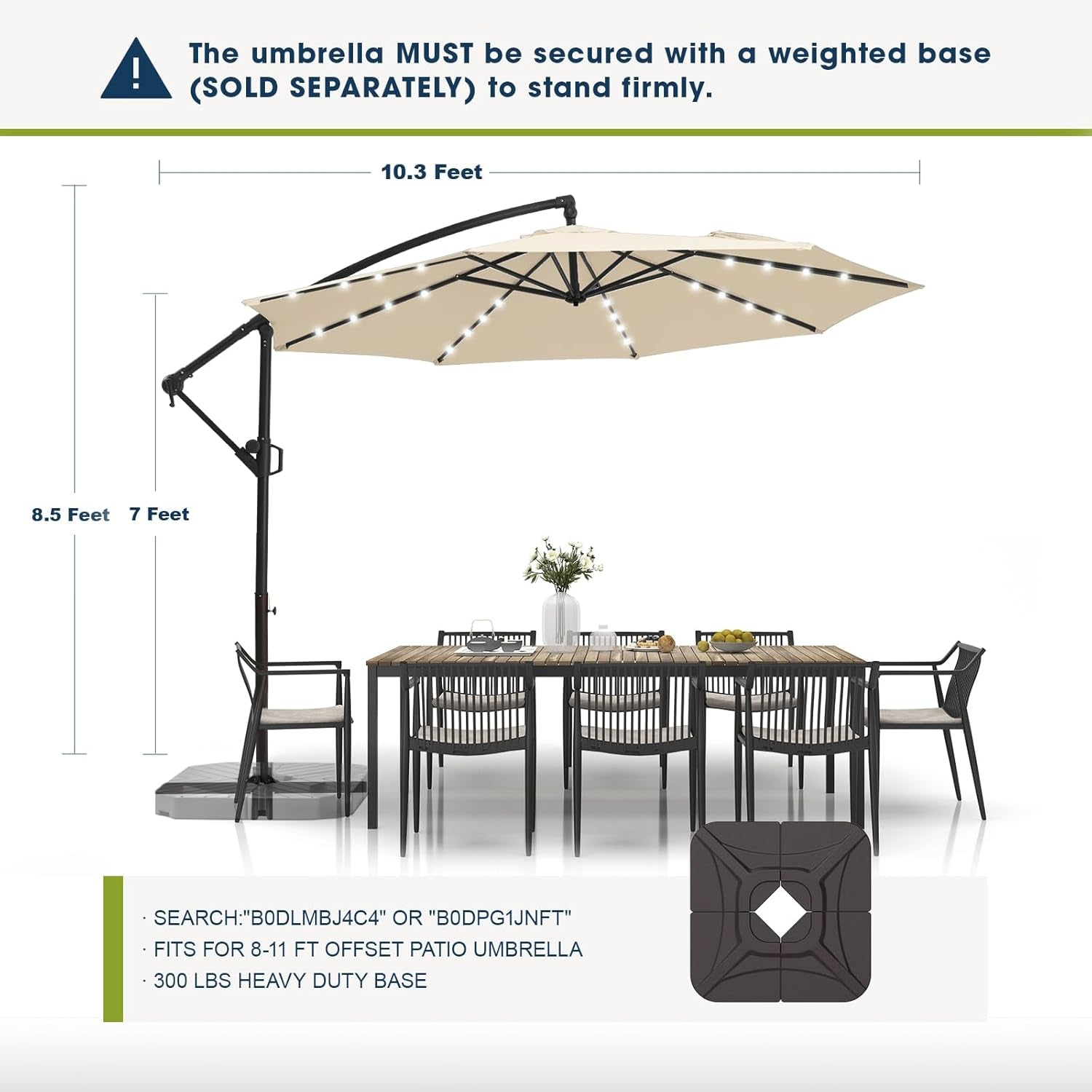 10Ft Solar LED Offset Hanging Market Cantilever Patio Umbrella for Backyard, Poolside, Lawn and Garden, Easy Tilt Adjustment, Polyester Shade & Cross Base, Beige