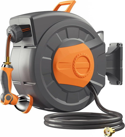 Retractable Garden Hose Reel 100Ft, 1/2 Inch Water Hose, Wall Mounted and 180 Deg Swivel Bracket, Slow Retraction Any Length Lock 10 Spray Nozzle