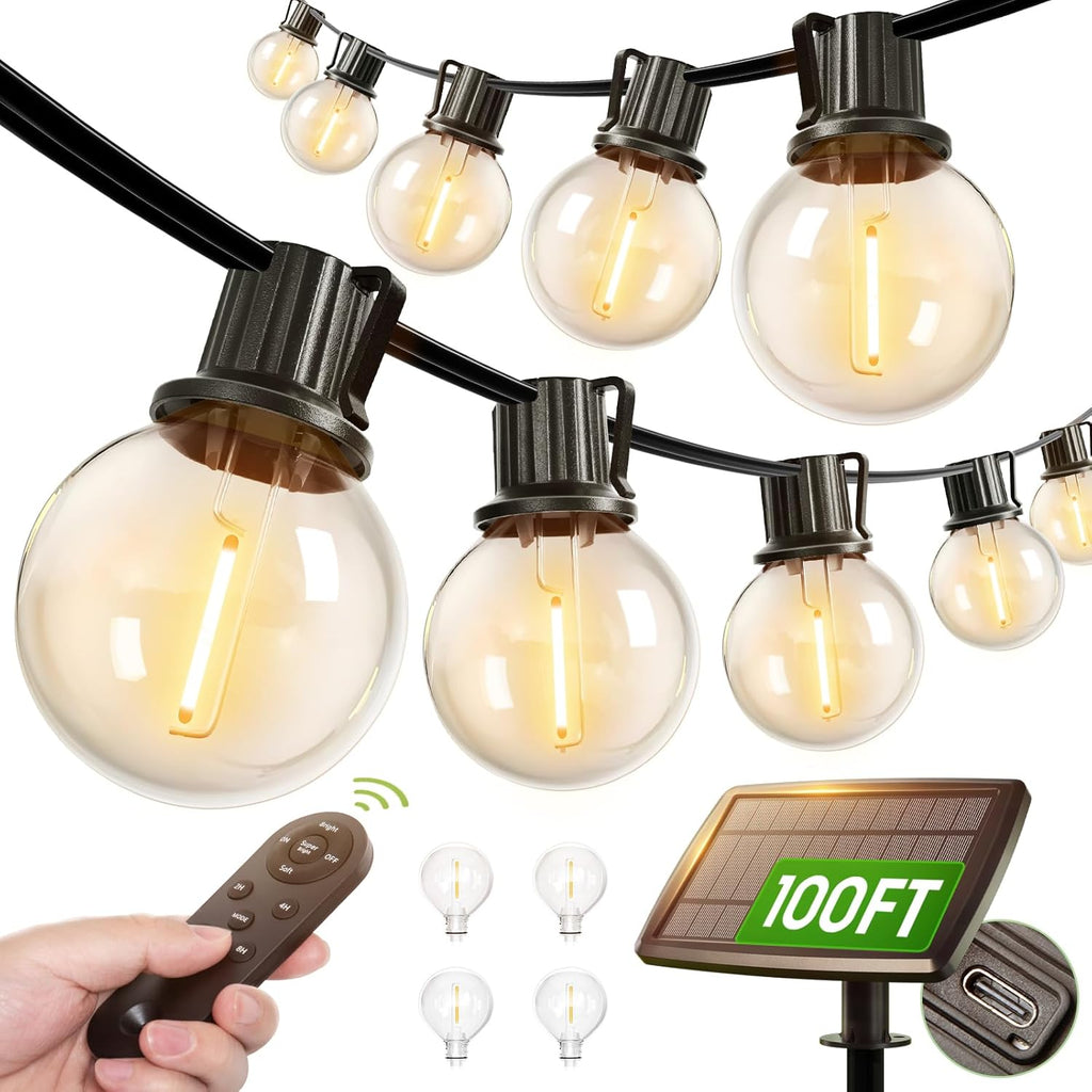 100FT Solar String Lights Outdoor with Remote, 54 LED Shatterproof Bulbs, Dimmable & Timable, 3 Light Modes, G40 Waterproof Solar String Lights for outside Backyard Party Decor