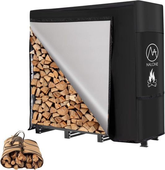 4FT Outdoor Firewood Rack with Cover&Carry Bag Heavy Duty Square Strong Stand Rack with Waterproof Cover for Fireplace Fire Pits Wood Pile Storage Holder Lumber Rack