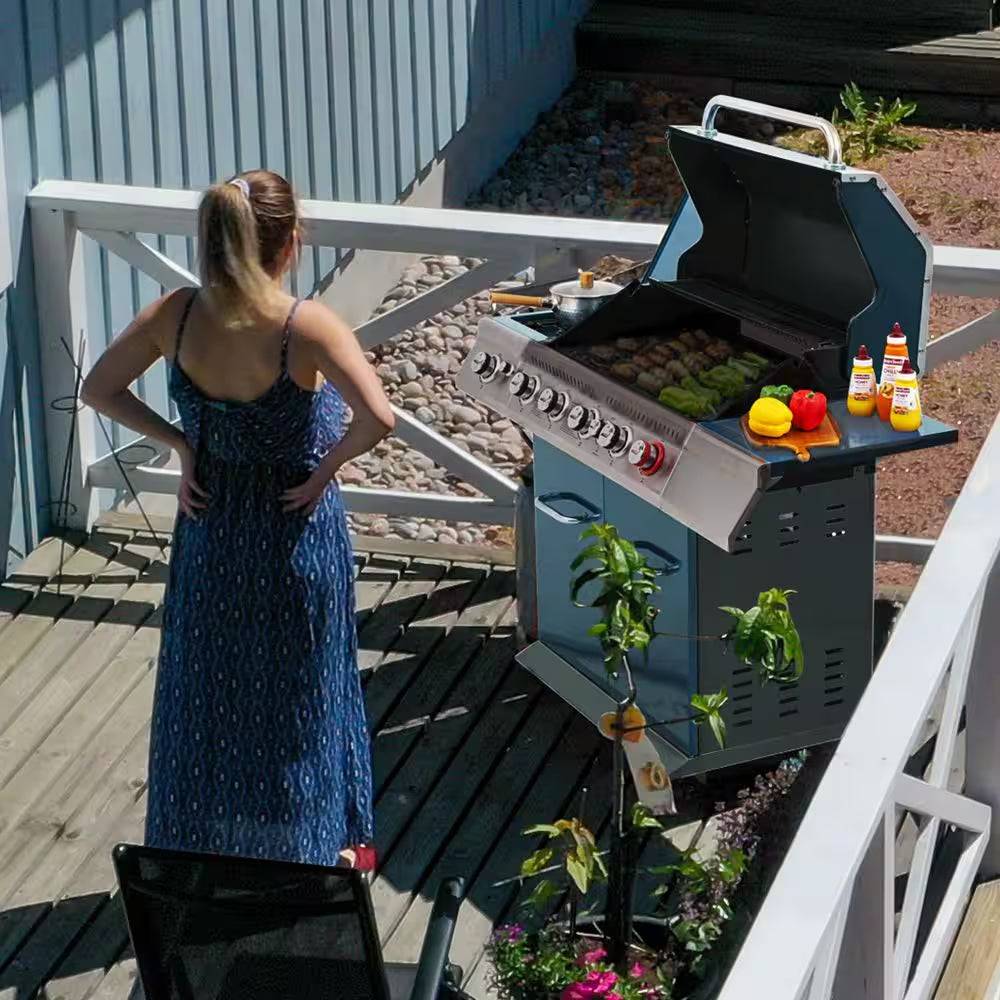 7 Burner Propane Gas Grill in Blue, Sear Burner, Rear Burner and Side Burner
