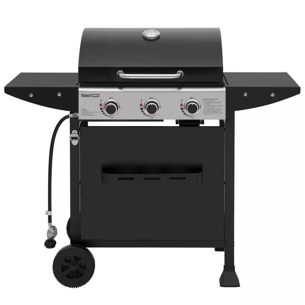 3-Burner BBQ Liquid Propane Gas Grill with Front Spice Rack, 2 Side Shelves and Hooks, Cart Style, Black, for Outdoor
