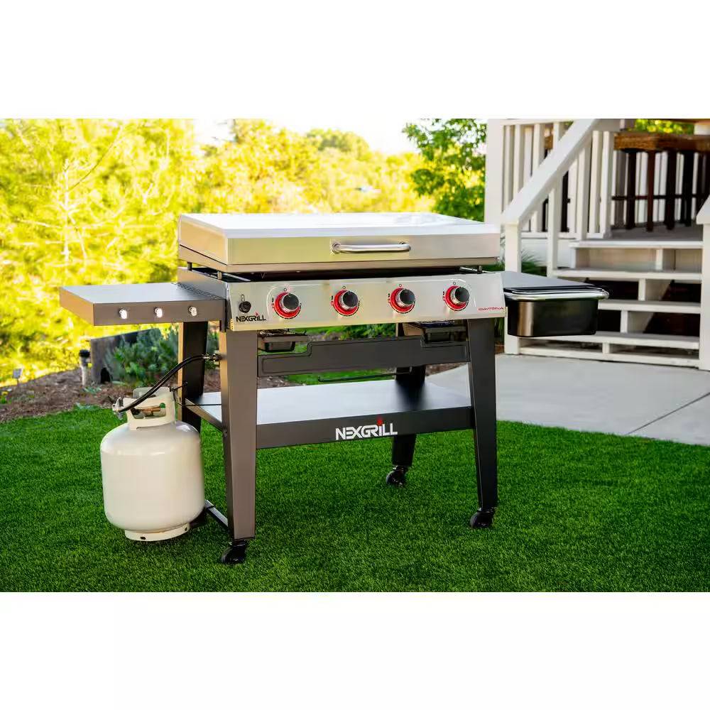 Daytona 4-Burner Propane Gas Grill 36 In. Flat Top Griddle in Black with Stainless Steel Lid