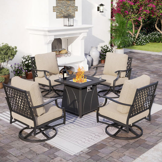 Patio Furniture Set with Firepit Table, 5 Piece Metal Outdoor Patio Furniture Set for 4, 4 Swivel Chairs with 5.75" Extra Thick Cushion and Gas Firepit Table for Backyard Poolside Deck