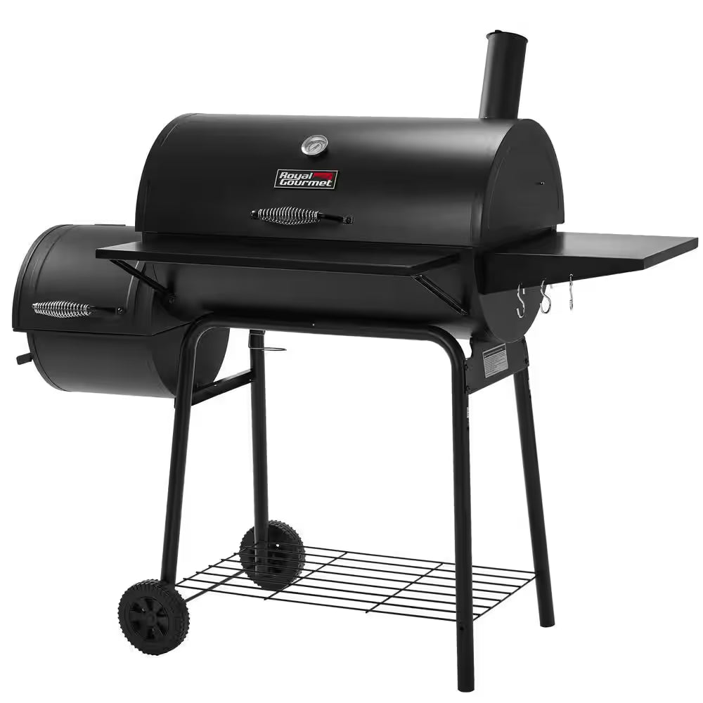 Charcoal Grill in Black with Offset Smoker and Side Table