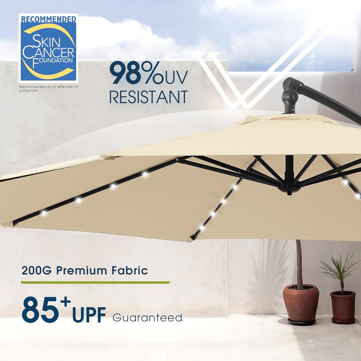 10Ft Solar LED Offset Hanging Market Cantilever Patio Umbrella for Backyard, Poolside, Lawn and Garden, Easy Tilt Adjustment, Polyester Shade & Cross Base, Beige