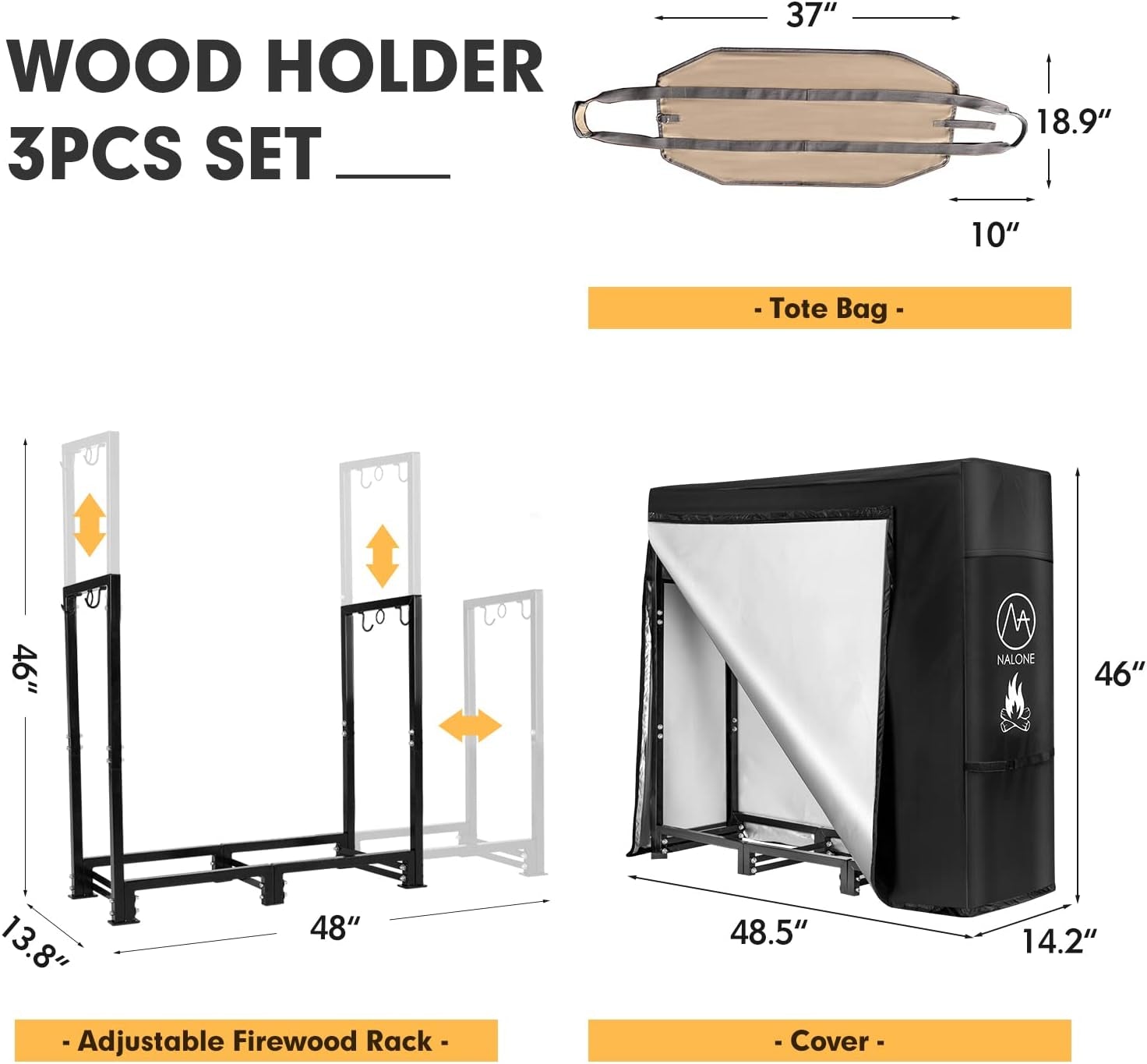 4FT Outdoor Firewood Rack with Cover&Carry Bag Heavy Duty Square Strong Stand Rack with Waterproof Cover for Fireplace Fire Pits Wood Pile Storage Holder Lumber Rack