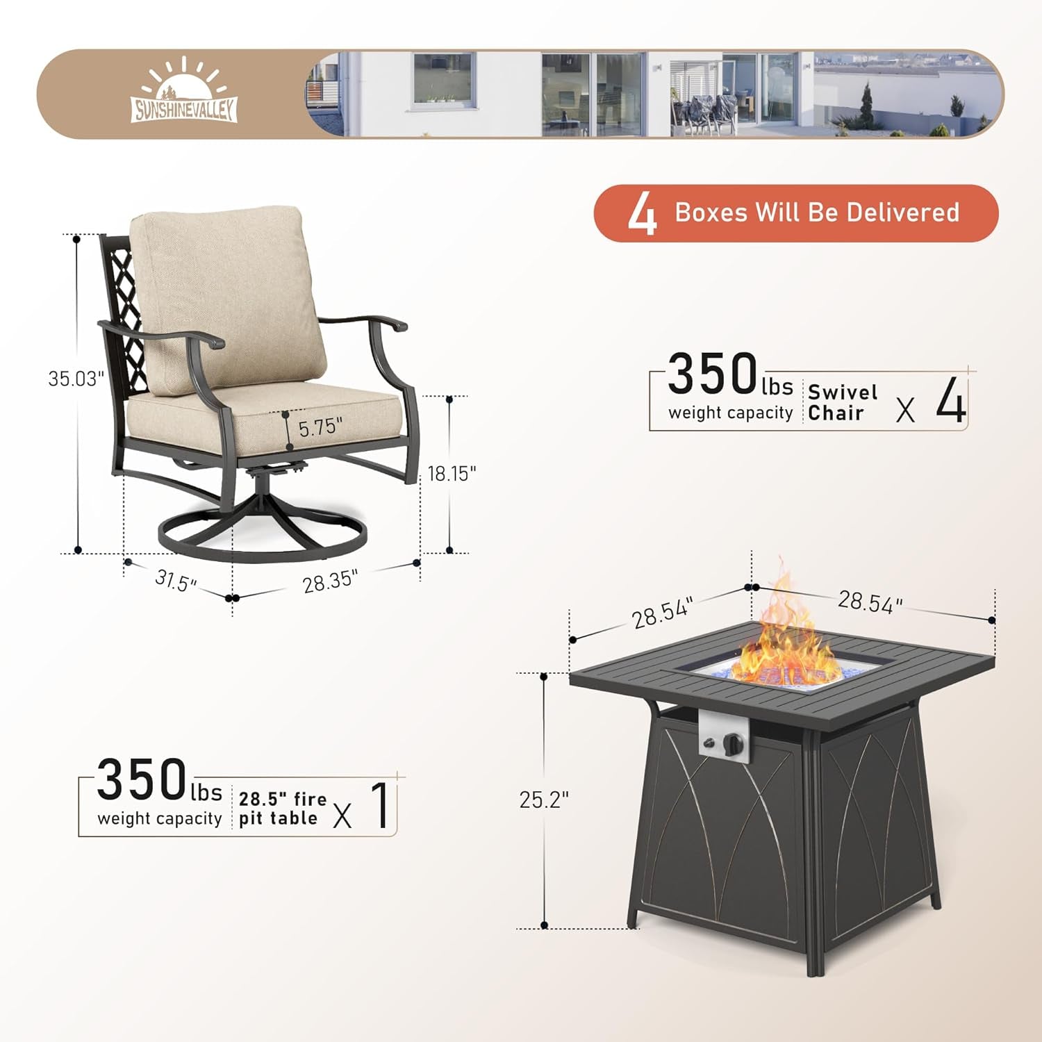 Patio Furniture Set with Firepit Table, 5 Piece Metal Outdoor Patio Furniture Set for 4, 4 Swivel Chairs with 5.75" Extra Thick Cushion and Gas Firepit Table for Backyard Poolside Deck