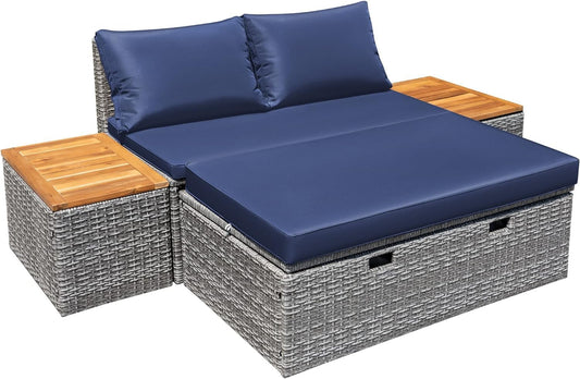 Patio Day Bed Outdoor Daybed Set Multifunctional Rattan Lounge Bed with 2 Side Tables for Backyard Porch Poolside Lawn Beach (Navy Blue)