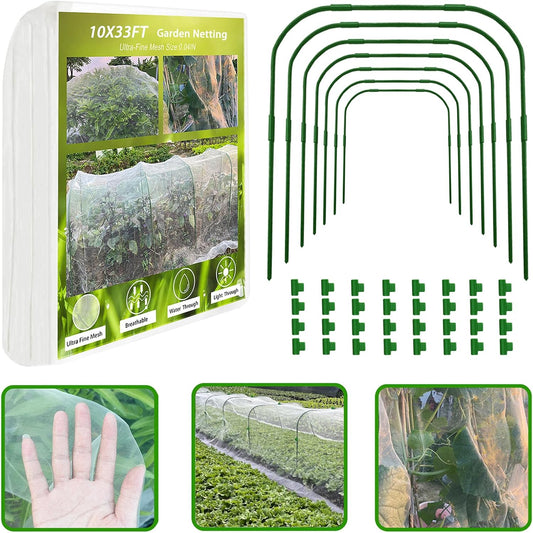 Garden Netting Kit, 8PCS Garden Hoops and 10X33Ft Garden Mesh for Raised Beds, Ultra Fine Plant Net for Vegetable Fruits Crops Row Cover Barrier Protection Net for Animals