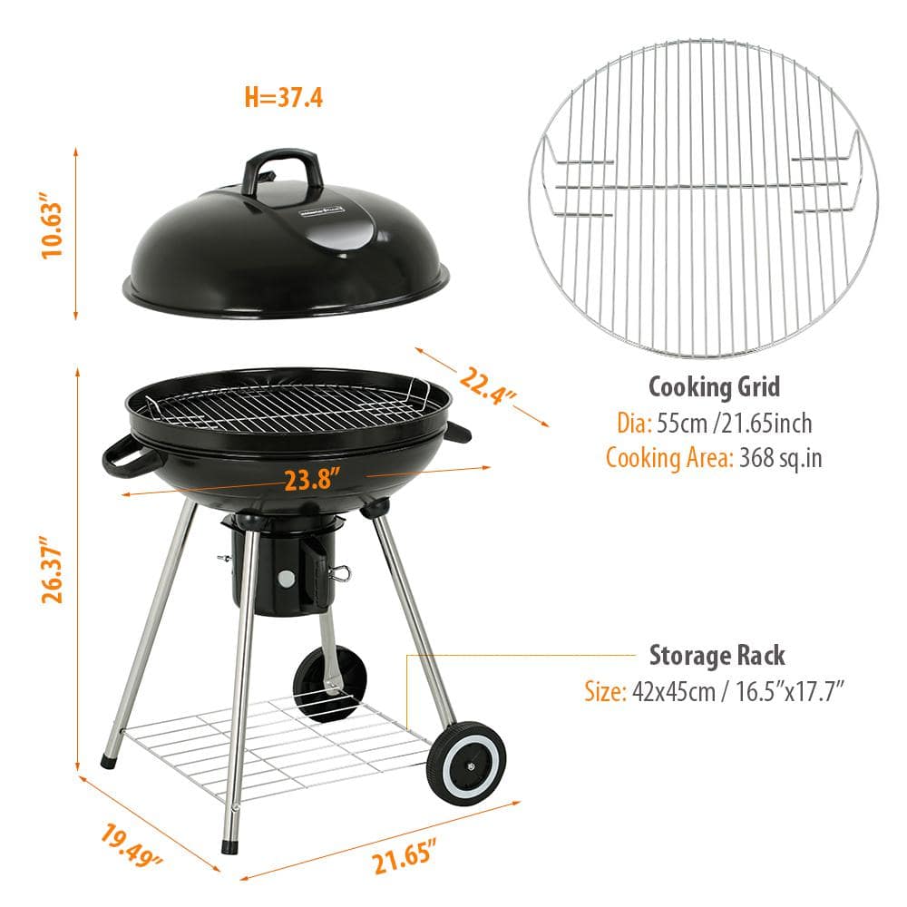 22 In. Charcoal Grill round with Wheels - Outdoor Barbecue Grill for Camping Tailgating and Patio-Kettle Grill