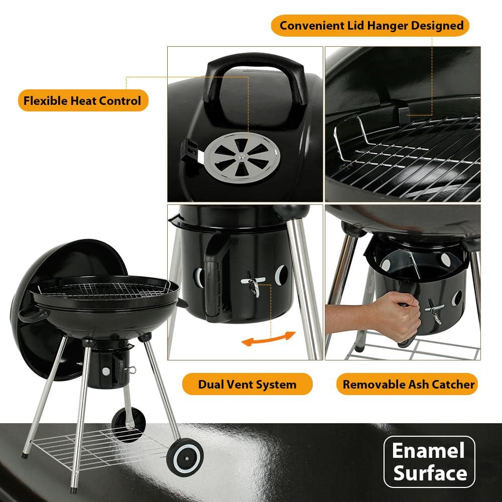 22 In. Charcoal Grill round with Wheels - Outdoor Barbecue Grill for Camping Tailgating and Patio-Kettle Grill