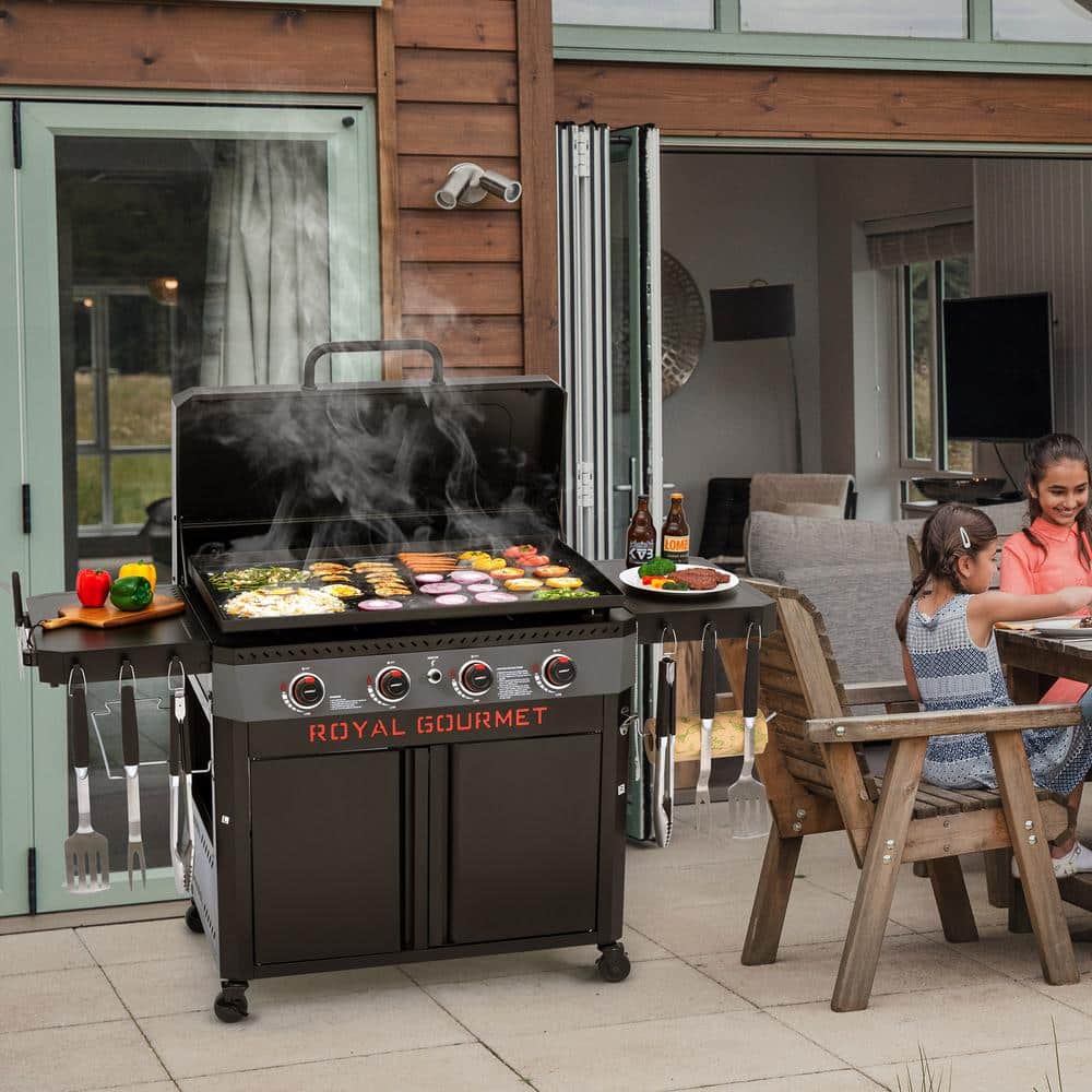 Premium 4-Burner Propane Grille in Gas Griddle in Black with Hood, Collapsible Side Shelves, 733 Sq. In. Cooking Area