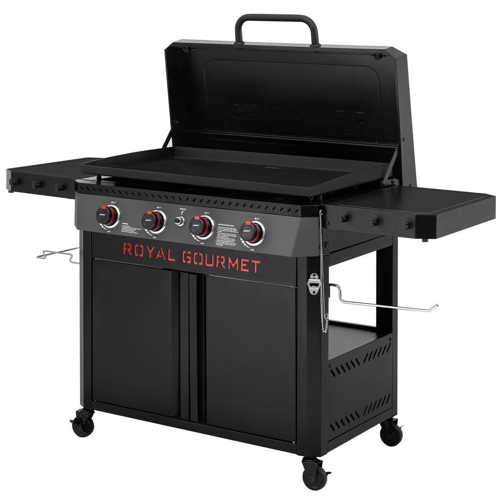 Premium 4-Burner Propane Grille in Gas Griddle in Black with Hood, Collapsible Side Shelves, 733 Sq. In. Cooking Area