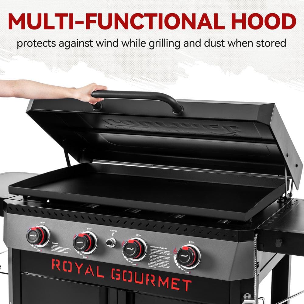 Premium 4-Burner Propane Grille in Gas Griddle in Black with Hood, Collapsible Side Shelves, 733 Sq. In. Cooking Area