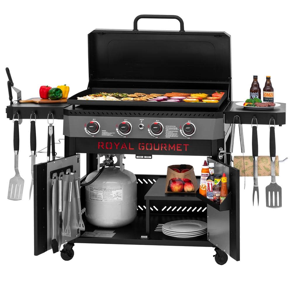 Premium 4-Burner Propane Grille in Gas Griddle in Black with Hood, Collapsible Side Shelves, 733 Sq. In. Cooking Area